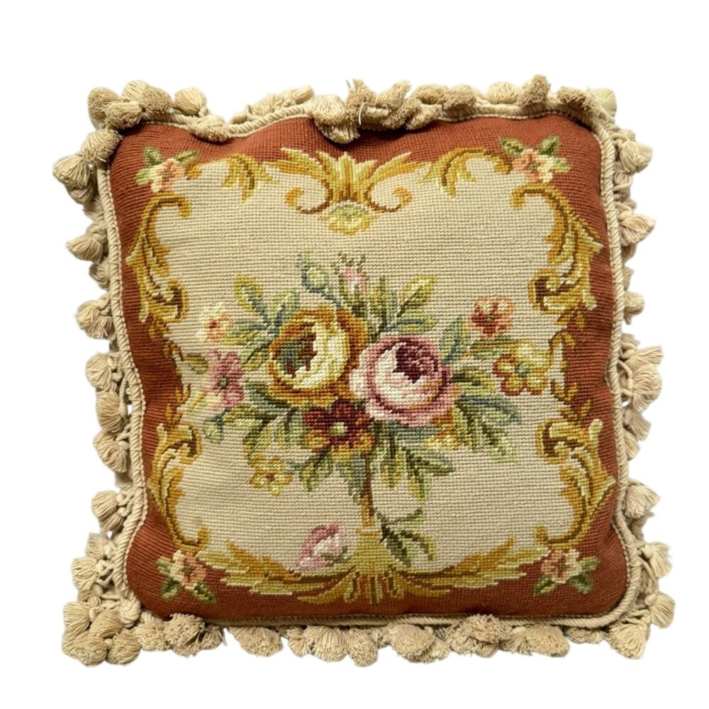 Large Rose Embroidered Tapestry Accent Pillow Tan Pink Tassels Boho Grandma Core